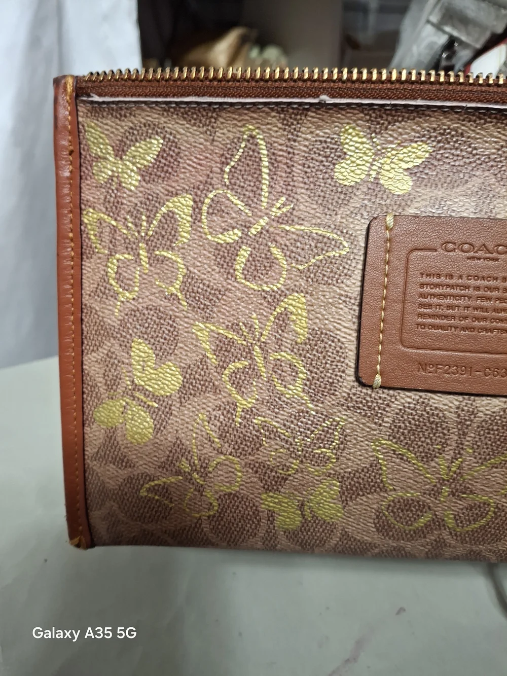 Coach Brown Leather Wristlet with Gold Butterfly Print Custom Paint